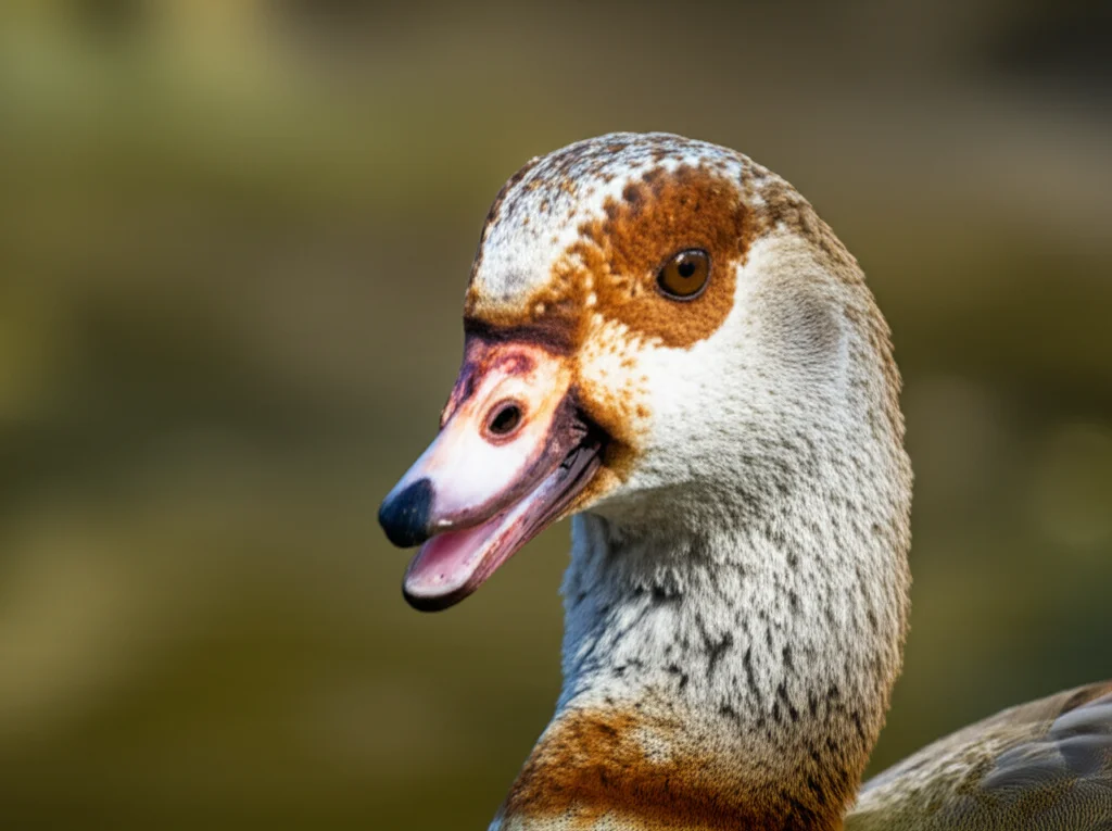 Primo piano fotorealistico della testa di un'oca egiziana (Alopochen aegyptiacus) con il becco leggermente aperto, che lascia intravedere la punta della lingua. Scatto naturalistico con teleobiettivo zoom 100-400mm, luce naturale diffusa, messa a fuoco precisa sulla lingua e sugli occhi dell'animale, sfondo leggermente sfocato per enfatizzare il soggetto.