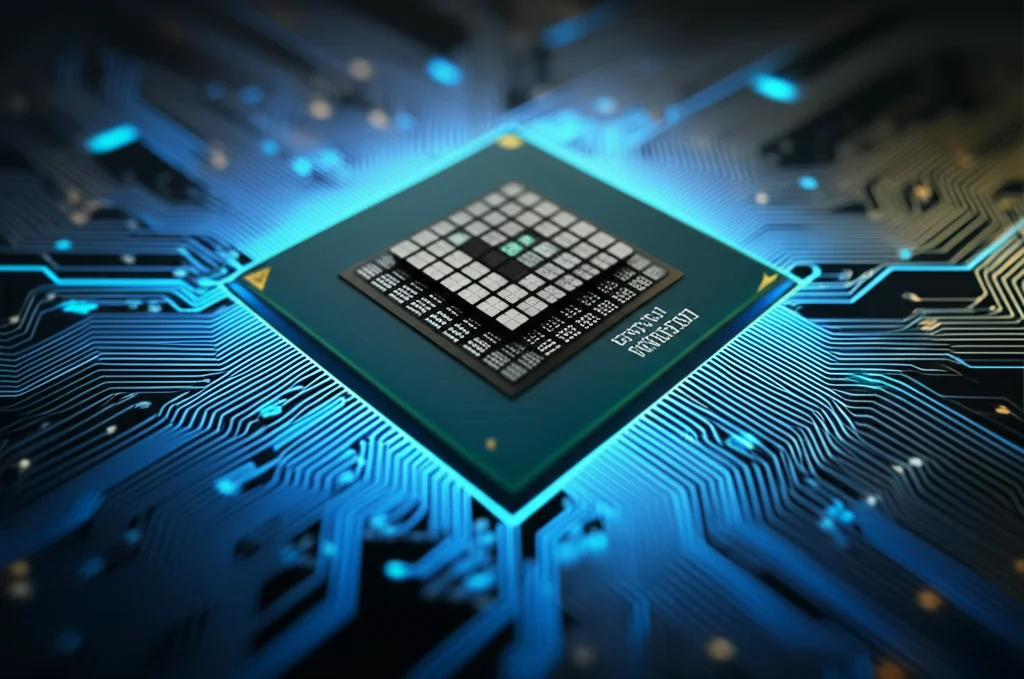 Un chip processore futuristico con linee di luce che simboleggiano il flusso di dati video ottimizzato dal deep learning per applicazioni IoT, macro lens 100mm, high detail, illuminazione controllata con riflessi blu e verdi per un'atmosfera high-tech.