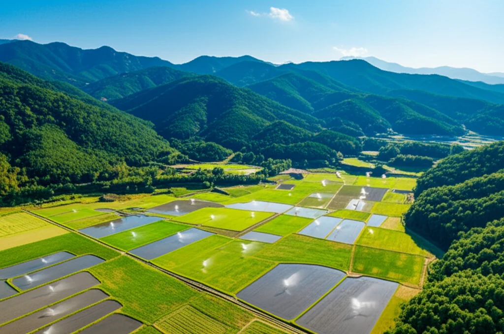 Vista aerea con drone di un paesaggio agricolo e forestale misto nello stato di Gangwon, Corea del Sud, durante una giornata di sole, obiettivo grandangolare 20mm, alta risoluzione, si vedono campi irrigati con sistemi a sprinkler attivi e fitte foreste montane sullo sfondo, luce brillante di mezzogiorno, messa a fuoco nitida sull'intera scena, evidenziando il contrasto tra l'attività umana e la natura.