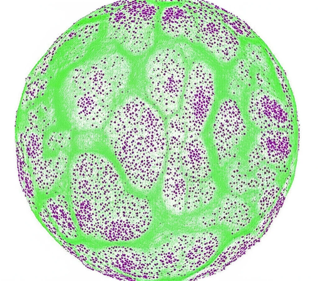 Visualizzazione 3D ad alta risoluzione di microfilamenti di actina fluorescenti (marcati con Lifeact-RFP) che si organizzano dinamicamente attorno alla piastra cellulare in formazione durante la citocinesi di una cellula vegetale di tabacco BY-2, ottenuta tramite microscopia potenziata da deep learning. Macro lens, 100mm, high detail, precise focusing, controlled lighting per enfatizzare la struttura tridimensionale e la fluorescenza.