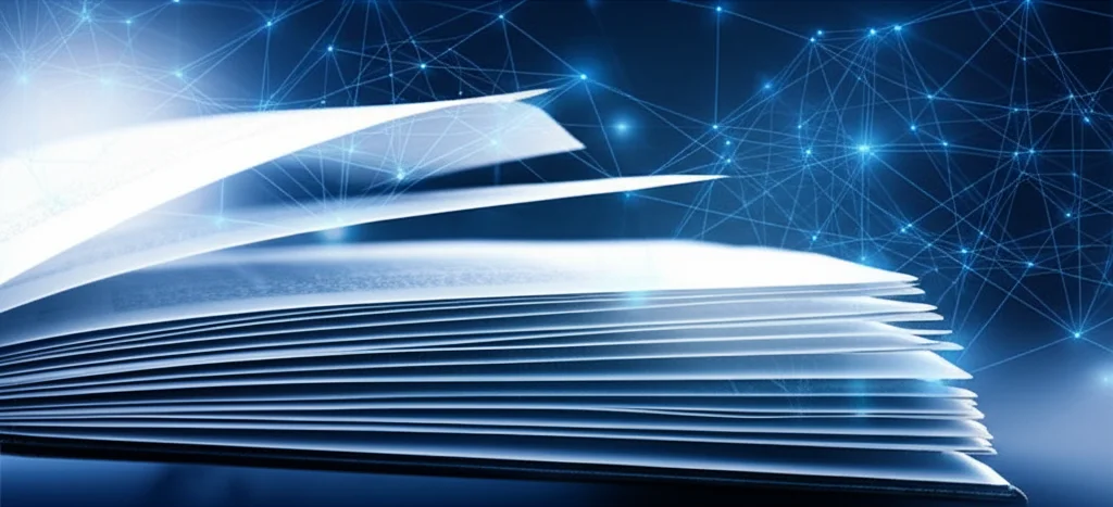 Concetto astratto di dati scientifici che fluiscono da un documento di ricerca tradizionale (simboleggiato da pagine cartacee o PDF) verso una struttura digitale ordinata e interconnessa (simboleggiata da nodi e linee di un grafo o blocchi di dati), illuminazione high-tech, obiettivo 50mm, colori blu e argento duotone.