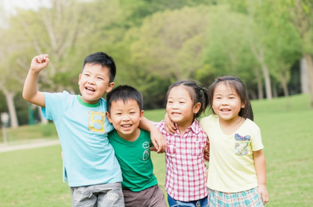 Gruppo di bambini cinesi diversi tra loro, alcuni più robusti, che giocano felici all'aperto in un parco. L'immagine deve trasmettere un senso di comunità e speranza, con un focus sulla salute infantile. Obiettivo zoom 24-70mm per catturare sia i bambini che l'ambiente, luce solare diffusa, colori vivaci.
