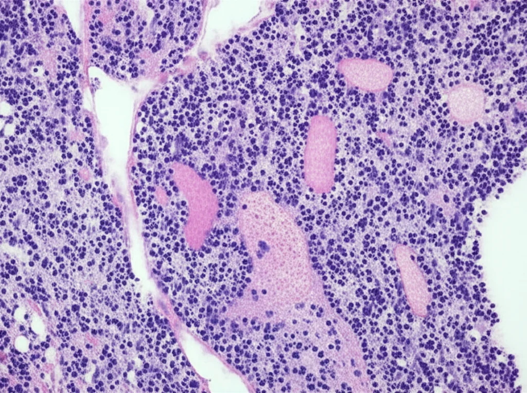 Immagine al microscopio di un glioma ad alto grado con caratteristiche pleomorfiche e pseudopapillari (HPAP), evidenziando la complessità cellulare e le strutture atipiche. Obiettivo macro, focale 60mm, illuminazione da laboratorio controllata per massima nitidezza dei dettagli istologici, mostrando cellule di varie forme e dimensioni e pattern pseudopapillari.