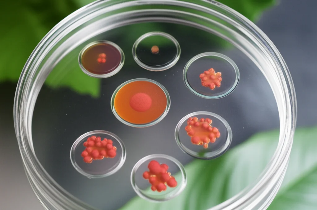 Immagine fotorealistica, obiettivo macro 60mm, di un sensore plasmonico con sette pozzetti. Ogni pozzetto contiene nanoparticelle d'oro che mostrano una diversa sfumatura di colore (dal rosso al viola al blu) a seguito della reazione con aldeidi batteriche. Alta definizione, messa a fuoco precisa sui pozzetti, illuminazione da laboratorio controllata che evidenzia la traslucenza del gel e la brillantezza delle nanoparticelle. Sullo sfondo, sfocata, una foglia di pianta che simboleggia l'applicazione in agricoltura.