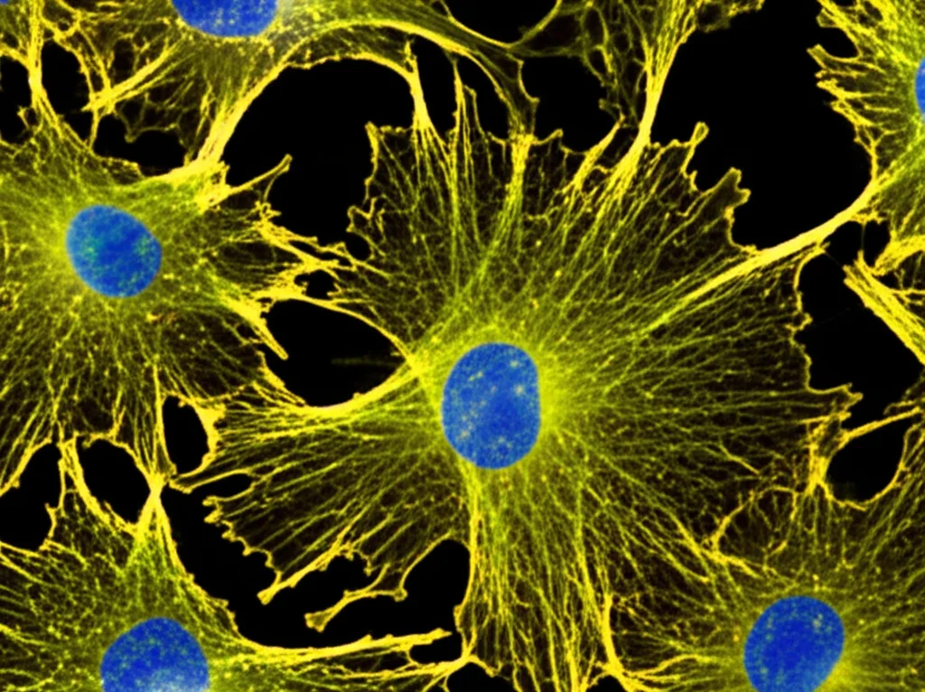 Macro lens, 100mm, high detail: Glioblastoma cells under treatment, showing cellular stress and pathway inhibition.