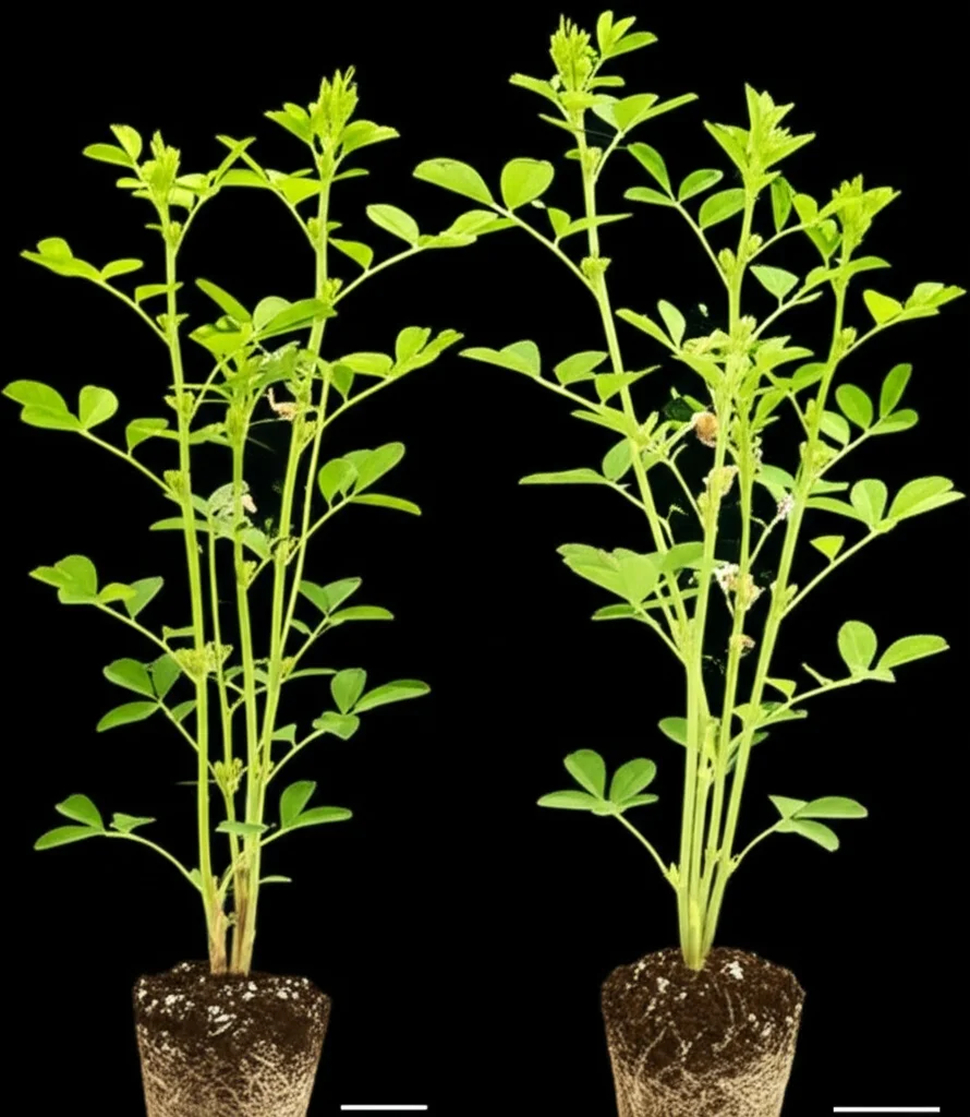 Photorealistic image of two alfalfa plants side-by-side, one wild-type and one transgenic MsJAR1 overexpressed, showing significant differences in height and lateral branching. Macro lens, 100mm, high detail, precise focusing, controlled lighting.