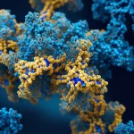 Ritratto fotografico con lente prime da 35mm di una rappresentazione artistica della proteina Nrf2 che protegge le cellule ciliate dell'orecchio interno da onde sonore stilizzate rappresentanti il rumore e lo stress ossidativo, con profondità di campo e illuminazione cinematografica, duotone blu e oro per simboleggiare protezione e valore.