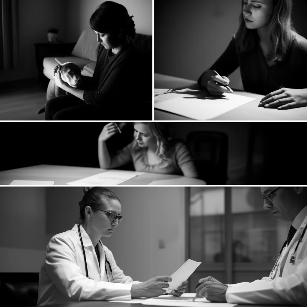 Un collage di diverse situazioni che illustrano lo stress del caregiver di animali domestici: una persona che conforta un cane malato in una stanza poco illuminata, un'altra che guarda preoccupata le fatture veterinarie seduta a un tavolo, e un veterinario che parla con un cliente in uno studio medico. Prime lens, 35mm, depth of field, illuminazione emotiva e contrastata per ogni scena, film noir style.