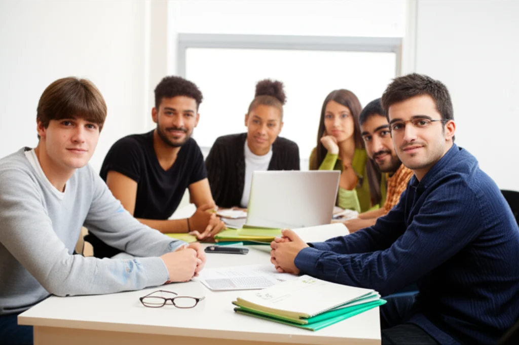 Un gruppo di giovani studenti universitari baschi che collaborano attivamente a un progetto di ricerca linguistica in un'aula universitaria moderna e luminosa. Sono seduti attorno a un tavolo, circondati da libri, laptop e appunti in basco e spagnolo. L'atmosfera è di concentrazione, scambio intellettuale e cameratismo. Prime lens 35mm, depth of field per mettere a fuoco il gruppo centrale lasciando lo sfondo leggermente sfocato, illuminazione da studio controllata che simula luce naturale per evidenziare i dettagli dei volti espressivi e dei materiali di studio, colori naturali e vibranti.