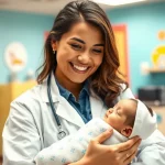 Un medico pediatra in camice bianco sorride rassicurante mentre tiene in braccio un neonato avvolto in una copertina, in un ambulatorio pediatrico colorato e accogliente. Obiettivo prime da 50mm, luce calda e soffusa, effetto bokeh sullo sfondo per enfatizzare il legame medico-paziente e la cura per l'RSV.