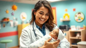 Un medico pediatra in camice bianco sorride rassicurante mentre tiene in braccio un neonato avvolto in una copertina, in un ambulatorio pediatrico colorato e accogliente. Obiettivo prime da 50mm, luce calda e soffusa, effetto bokeh sullo sfondo per enfatizzare il legame medico-paziente e la cura per l'RSV.