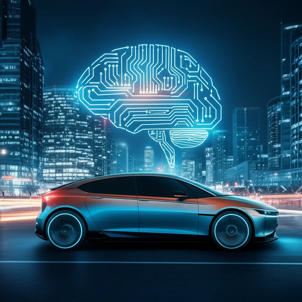 Un'immagine concettuale che fonde un cervello umano stilizzato con circuiti luminosi e un veicolo autonomo futuristico che naviga in una città al crepuscolo. Effetto duotone blu e arancione, obiettivo prime 24mm, profondità di campo per mettere a fuoco l'intersezione tra cervello e tecnologia.