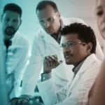 A portrait photography style image, 35mm lens, showing a diverse group of researchers in a modern lab setting, looking thoughtfully at a computer screen displaying genetic data. Duotone effect, perhaps in teal and orange, with a shallow depth of field focusing on one researcher's face.