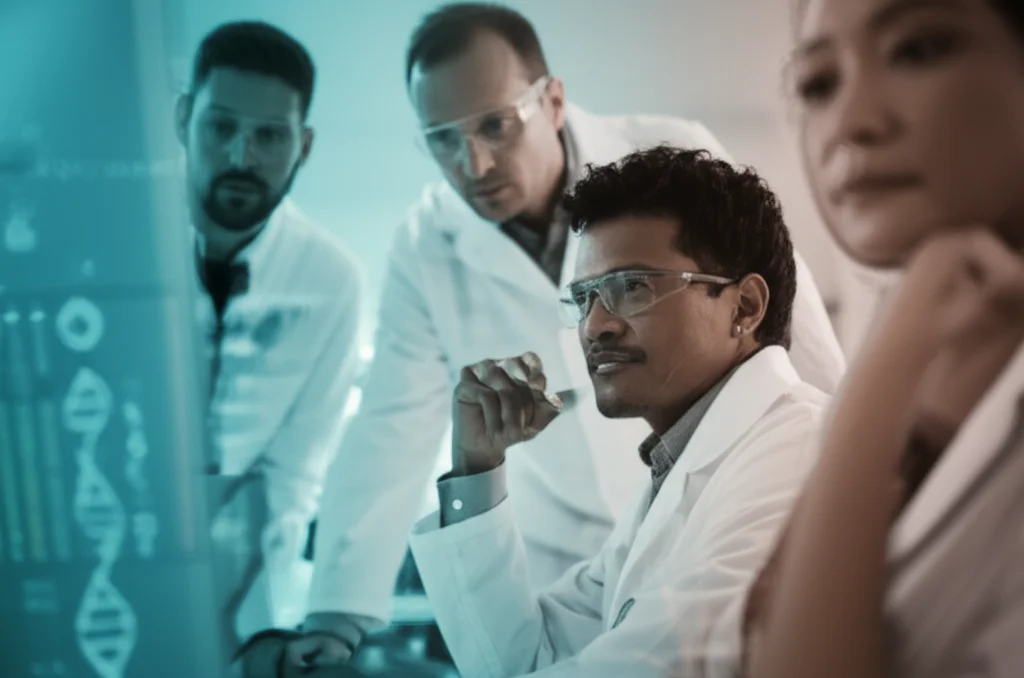A portrait photography style image, 35mm lens, showing a diverse group of researchers in a modern lab setting, looking thoughtfully at a computer screen displaying genetic data. Duotone effect, perhaps in teal and orange, with a shallow depth of field focusing on one researcher's face.
