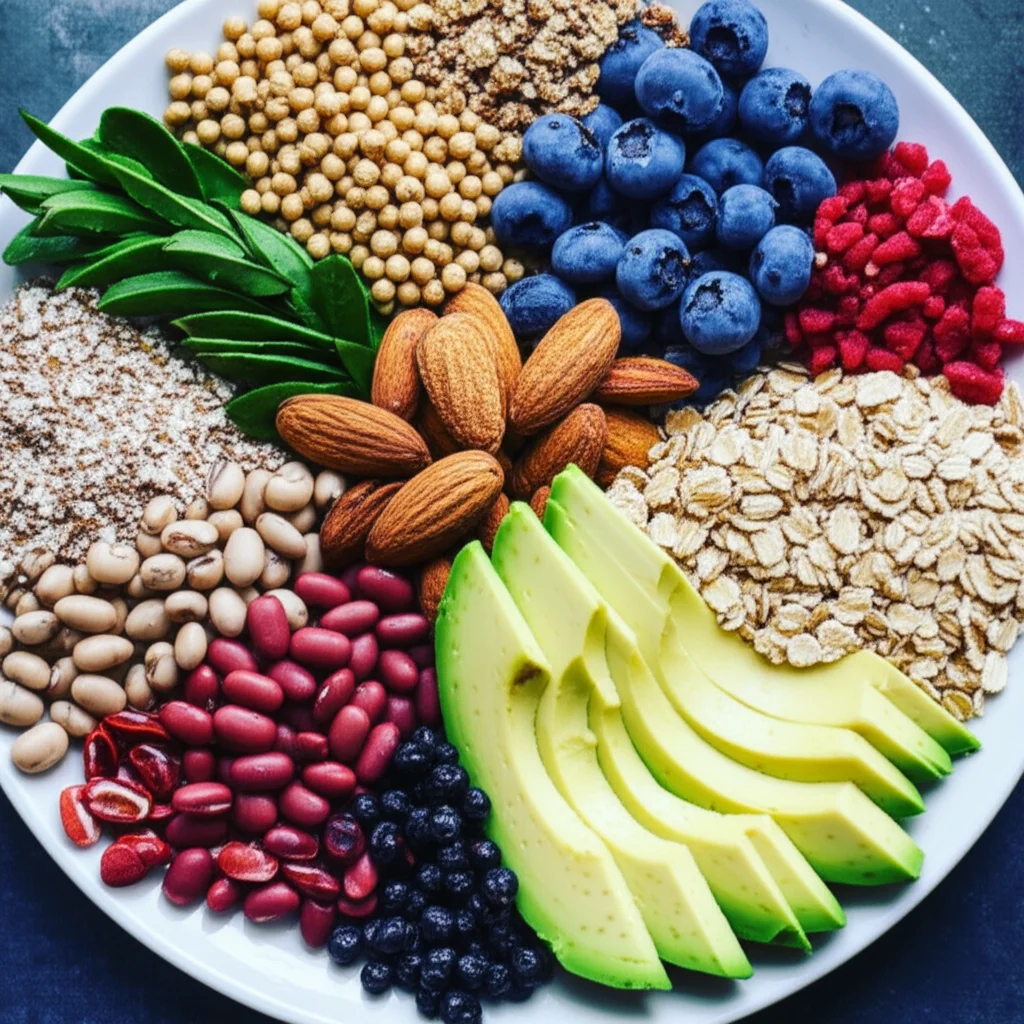 A vibrant plate of diverse plant-based foods representing the Portfolio Diet pillars - beans, nuts, oats, berries, avocado slices. 100mm Macro lens, high detail, precise focusing, controlled lighting.