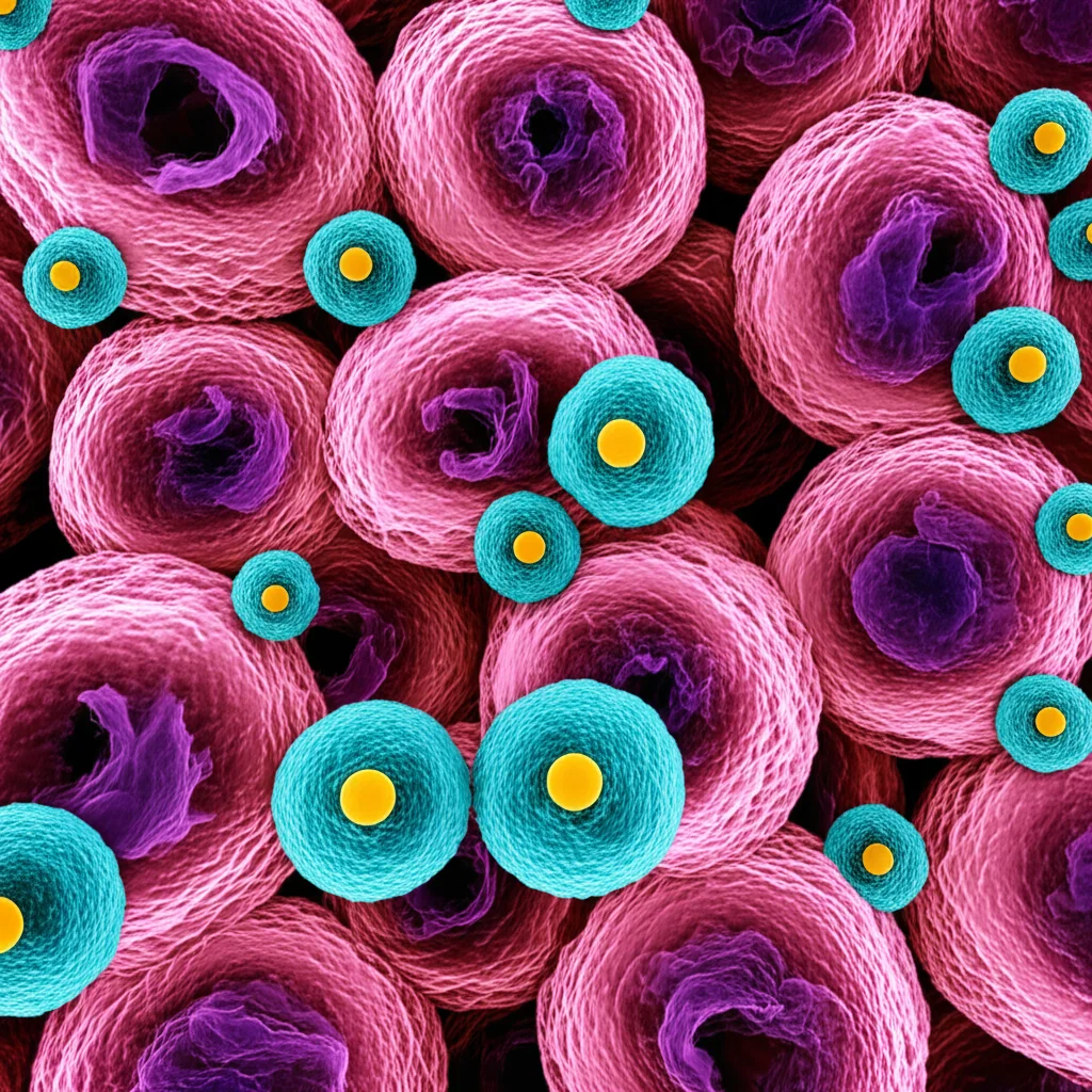 Illustrazione artistica e fotorealistica del microambiente tumorale della vescica, con cellule immunitarie che interagiscono con le cellule cancerose. Colori vibranti ma con un'atmosfera seria, suggerendo la complessità della battaglia interna. Dettagli cellulari visibili, quasi come una fotografia al microscopio potenziata. Obiettivo macro 90mm, illuminazione da studio.