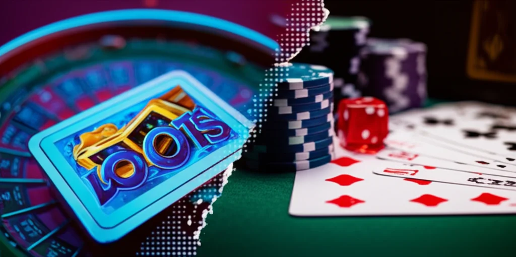 Immagine composita che mostra a sinistra un'interfaccia di videogioco con una loot box in primo piano e a destra elementi classici del gioco d'azzardo come fiches da casinò e carte da gioco. Una linea sfumata o un effetto di transizione unisce le due metà, simboleggiando la 'migrazione'. Prime lens, 35mm, depth of field, duotone blu e rosso per accentuare il contrasto tra i due mondi.