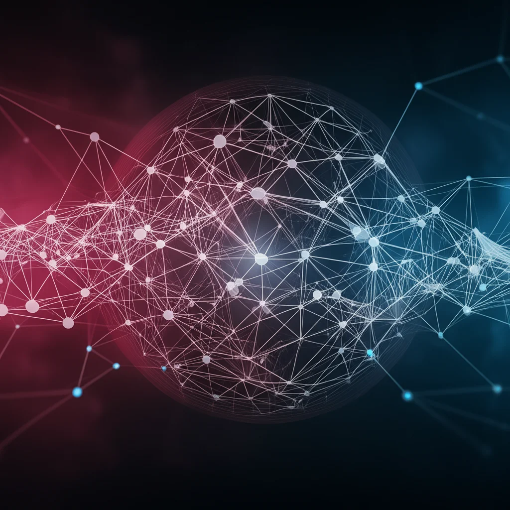 Immagine fotorealistica astratta che rappresenta una rete neurale (GAN) luminosa che analizza e ripara falle in una struttura digitale complessa simile a un contratto (smart contract), prime lens 50mm, profondità di campo, duotone ciano e magenta, sfondo high-tech.