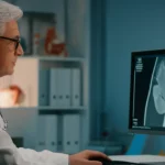 Immagine fotorealistica di un medico specialista in urologia che analizza attentamente una risonanza magnetica prostatica su un monitor ad alta definizione in uno studio medico moderno, utilizzando un obiettivo da 35mm con profondità di campo per enfatizzare la concentrazione del medico e la complessità dell'immagine diagnostica.