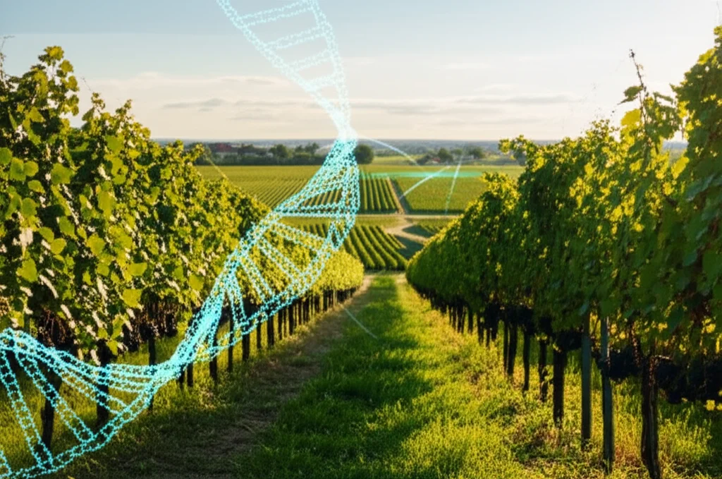 Photorealistic image, wide-angle landscape, 24mm, sharp focus, a traditional European vineyard scene with a subtle, glowing DNA helix superimposed above the vines.