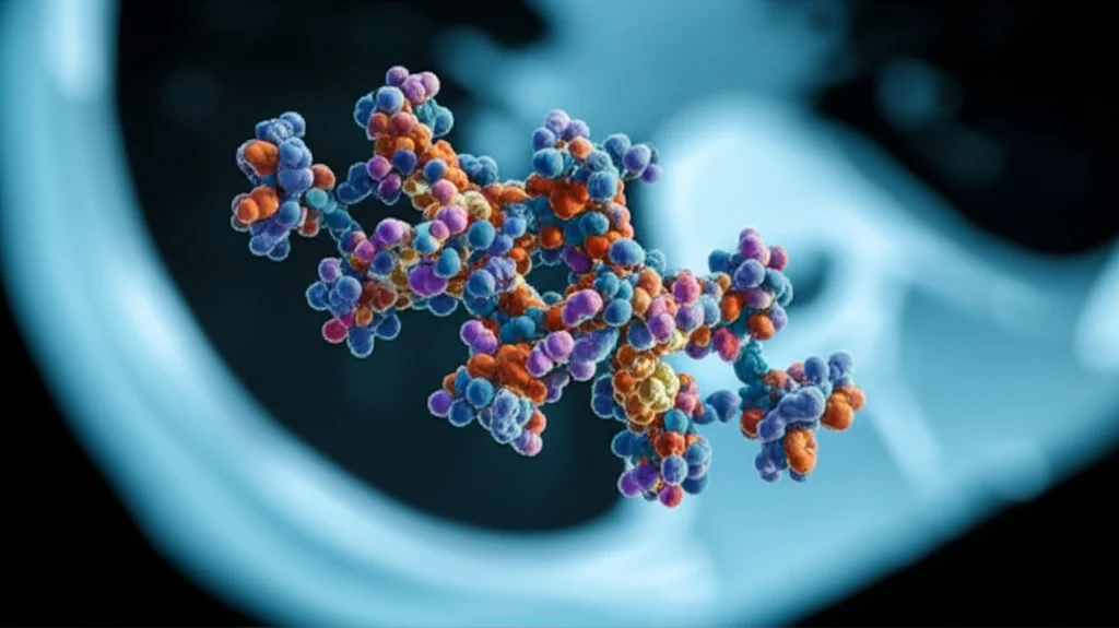 Un'immagine concettuale che mostra una molecola di LncRNA KIF9-AS1 stilizzata che fluttua sopra una scansione CT polmonare, simboleggiando la sua combinazione per la diagnosi. Illuminazione drammatica, obiettivo macro 100mm per dettaglio sulla molecola e sfondo sfocato della CT, alta definizione.