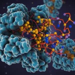 Visualizzazione 3D astratta di molecole di idrogeno solforato (H2S) che interagiscono con una proteina alfa-sinucleina mutata (A53T), impedendone l'aggregazione, sfondo scuro, illuminazione drammatica, alta risoluzione, concetto di neuroprotezione nel Parkinson.