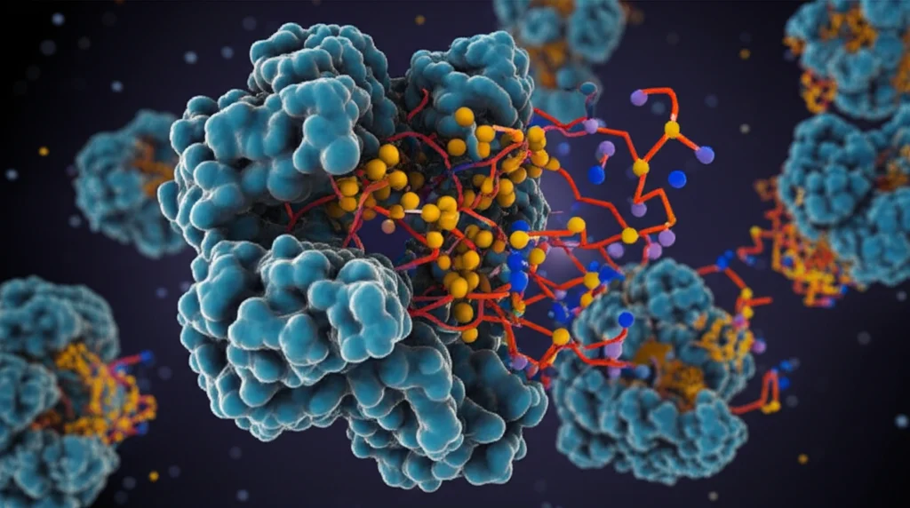 Visualizzazione 3D astratta di molecole di idrogeno solforato (H2S) che interagiscono con una proteina alfa-sinucleina mutata (A53T), impedendone l'aggregazione, sfondo scuro, illuminazione drammatica, alta risoluzione, concetto di neuroprotezione nel Parkinson.