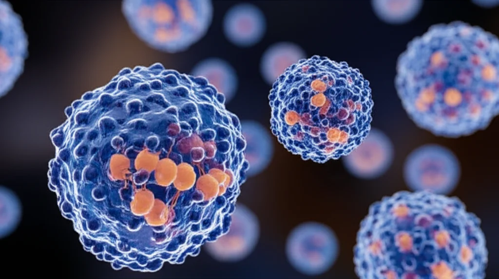 Visualizzazione artistica 3D di vescicole extracellulari (EVs) di colore bluastro che rilasciano microRNA (rappresentati come piccole eliche luminose) verso cellule intestinali bersaglio parzialmente danneggiate (con tonalità rossastre e giallastre a indicare stress). Lo sfondo è scuro per far risaltare le EVs e i miRNA. Prime lens, 35mm, con profondità di campo per mettere a fuoco le EVs in primo piano e sfocare leggermente le cellule sullo sfondo. Illuminazione drammatica che evidenzia il trasferimento dei miRNA.