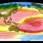 Visualizzazione artistica del ciclo ENSO sopra una mappa stilizzata della Cina, con frecce che indicano i monsoni e pattern climatici differenziati tra nord e sud, stile landscape wide angle 10mm, long exposure, colori contrastanti per El Niño (caldi) e La Niña (freddi).