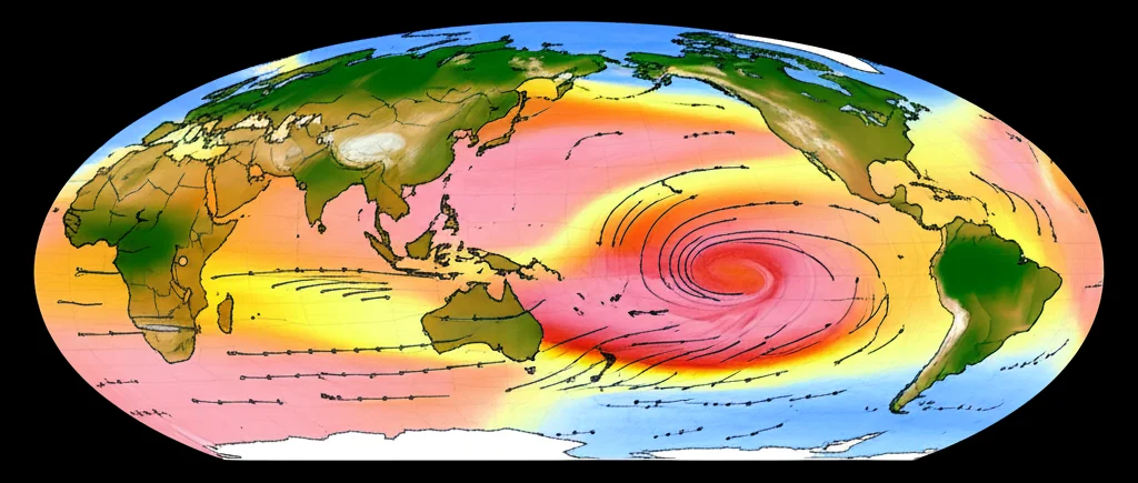 Visualizzazione artistica del ciclo ENSO sopra una mappa stilizzata della Cina, con frecce che indicano i monsoni e pattern climatici differenziati tra nord e sud, stile landscape wide angle 10mm, long exposure, colori contrastanti per El Niño (caldi) e La Niña (freddi).