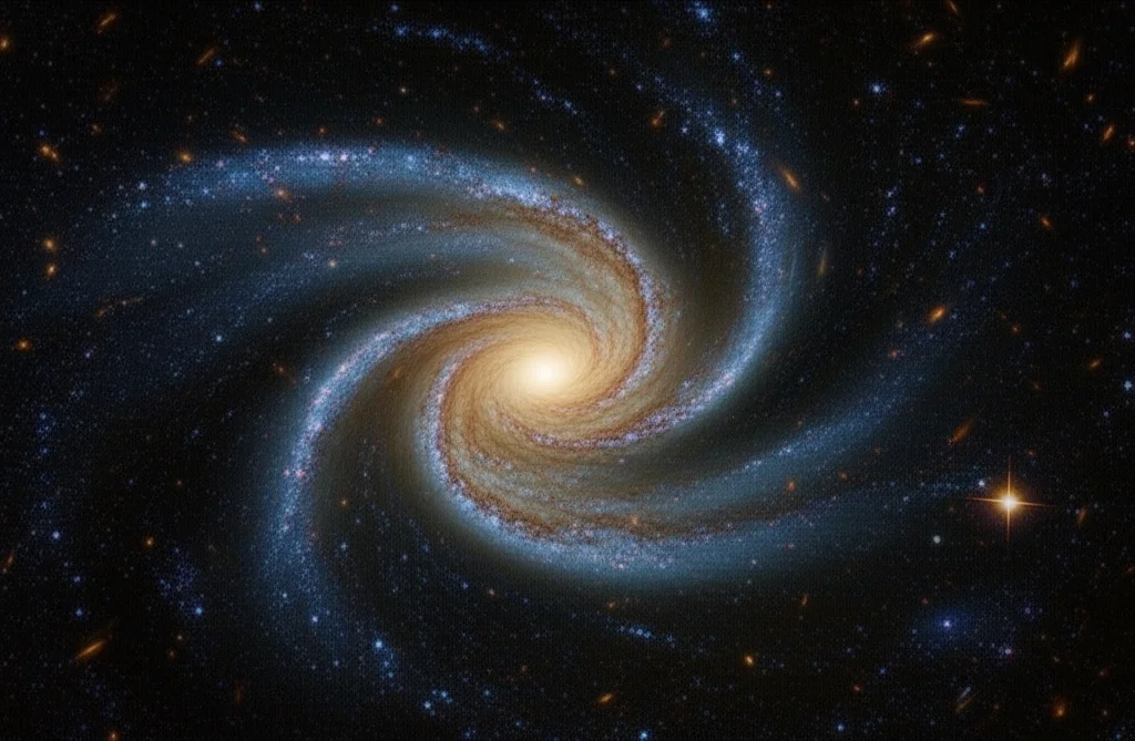 Visualizzazione artistica di una galassia a spirale la cui struttura è visibilmente distorta da lenti gravitazionali insolite, suggerendo una modifica delle leggi standard della gravità come nelle equazioni di Einstein pesate. Stile astro photography, wide angle 10mm, long exposure time, sharp focus sui dettagli della galassia e sulle distorsioni, colori cosmici vibranti.