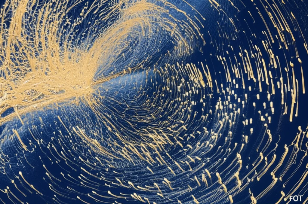 Visualizzazione astratta dell'analisi di dati scientifici, che mostra flussi di dati caotici che si risolvono in chiari pattern periodici, rappresentando la scoperta di cicli nascosti tramite la ciclo-stazionarietà e la probabilità FOT. Wide-angle, long exposure, sharp focus, duotone blu e oro.