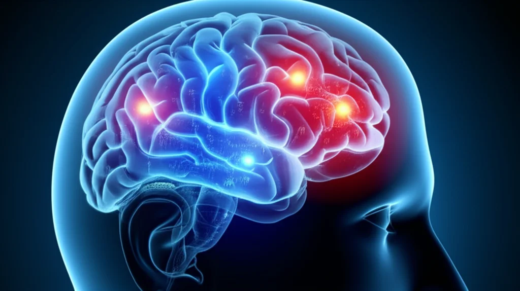 Visualizzazione concettuale del cervello umano con aree illuminate che rappresentano l'elaborazione precoce del trauma (in rosso vivo) e la memoria contestuale (in blu più diffuso), stile fotorealistico con profondità di campo, obiettivo 35mm, duotono rosso e blu su sfondo scuro per un'atmosfera scientifica e introspettiva, evidenziando la connessione e la disconnessione tra le aree.