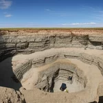 Wide-angle landscape, 10mm lens, sharp focus, showing layers of rock and engineered barriers in a deep geological repository setting for nuclear waste.