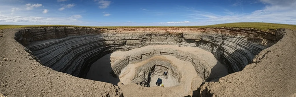 Wide-angle landscape, 10mm lens, sharp focus, showing layers of rock and engineered barriers in a deep geological repository setting for nuclear waste.