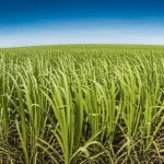Wide-angle landscape photo of a vast sugarcane field in Ecuador under a bright sky, 24mm wide-angle lens, sharp focus.