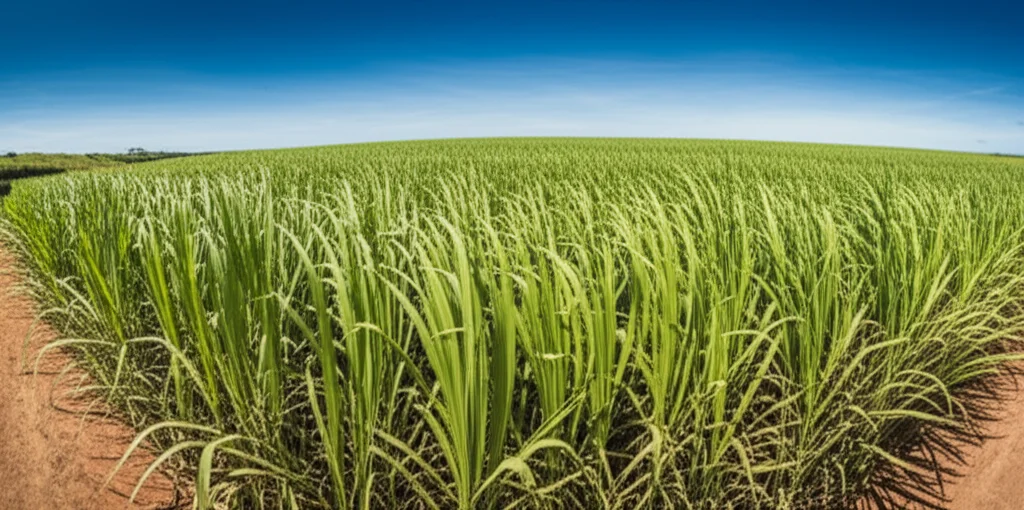 Wide-angle landscape photo of a vast sugarcane field in Ecuador under a bright sky, 24mm wide-angle lens, sharp focus.