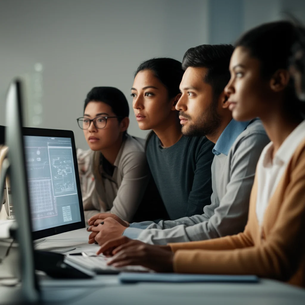 A diverse group of researchers looking at complex data visualizations on screens, portrait photography, 35mm portrait, depth of field.