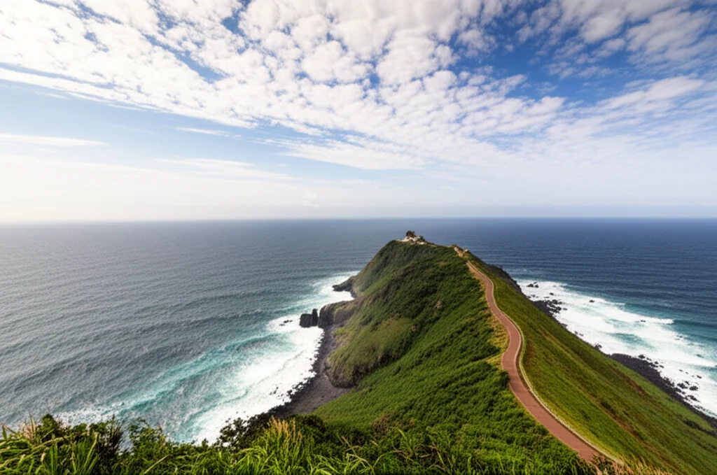 A wide-angle 15mm landscape photograph of the northern tip of Taiwan (Cape Fuguei) with distinct air masses visible: clearer marine air contrasting with a slightly hazy continental outflow over the ocean, under a partly cloudy sky. Sharp focus throughout the scene, capturing both the coastline and the atmospheric conditions.
