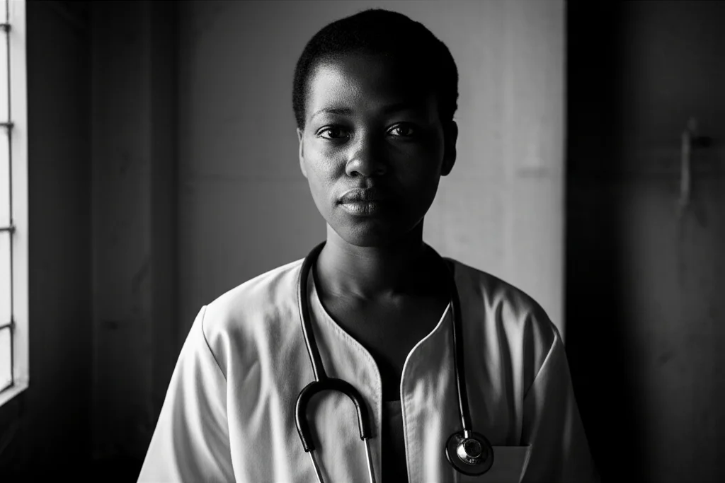 Fotografia di ritratto di un'ostetrica africana sub-sahariana dedicata in un umile ambiente clinico, guardando verso la luce, lente da 35 mm, stile noir cinematografico con elevato contrasto, trasmettendo resilienza e speranza tra sfide nella sanità materna.
