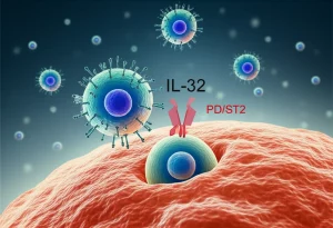 Illustrazione scientifica fotorealistica che mostra una cellula T (linfocita, piccola e rotonda) che attacca una cellula di melanoma (più grande, forma irregolare, pigmentata), con molecole stilizzate di Decitabina (DAC) e IL-33 che fluttuano nel microambiente circostante, evidenziando l'asse IL-33/ST2 (recettore sulla cellula T) e il blocco di PD-1 (interazione tra le cellule), illuminazione drammatica laterale, profondità di campo ridotta per focalizzare sull'interazione cellulare.