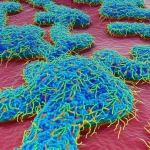 Immagine fotorealistica al microscopio di batteri Phascolarctobacterium faecium (di colore verde brillante) che interagiscono intimamente con cellule immunitarie intestinali (macrofagi di colore blu e ILCs di colore giallo) su una superficie mucosa. Obiettivo macro 100mm, altissimo dettaglio delle strutture cellulari e batteriche, messa a fuoco precisa sull'interazione, illuminazione controllata da studio per esaltare i dettagli, sfondo leggermente sfocato per dare profondità.