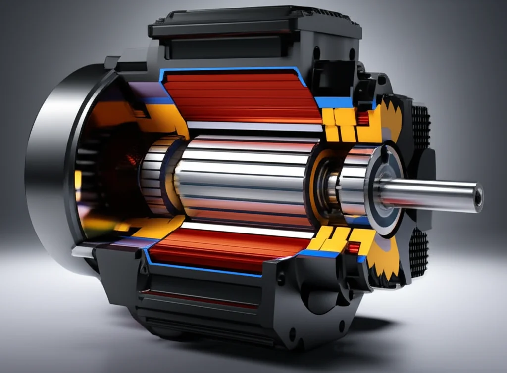 Immagine fotorealistica di un moderno motore elettrico a riluttanza commutata sezionato, con dettagli interni visibili come statore e rotore. L'immagine è scattata con una lente macro da 60mm per enfatizzare l'alta precisione dei componenti, con un'illuminazione da studio che crea riflessi metallici e ombre morbide, suggerendo innovazione tecnologica e riduzione delle vibrazioni.