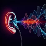 Immagine simbolica e toccante: un orecchio stilizzato con onde sonore colorate che entrano delicatamente, a rappresentare il dono dell'udito riacquistato. Sfondo astratto con texture che richiamano le connessioni neurali. Obiettivo da 50mm, focus selettivo sull'orecchio, illuminazione soffusa e artistica, colori vivaci ma armoniosi.