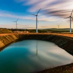 Paesaggio di un'area ex mineraria in fase di bonifica, obiettivo grandangolare 20mm, con un lago di cava dai colori intensi, pendii rinaturalizzati e sullo sfondo turbine eoliche. Luce dorata del tramonto, lunga esposizione per nuvole setose, messa a fuoco nitida su tutto il paesaggio.
