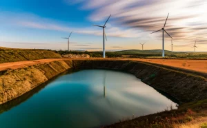Paesaggio di un'area ex mineraria in fase di bonifica, obiettivo grandangolare 20mm, con un lago di cava dai colori intensi, pendii rinaturalizzati e sullo sfondo turbine eoliche. Luce dorata del tramonto, lunga esposizione per nuvole setose, messa a fuoco nitida su tutto il paesaggio.