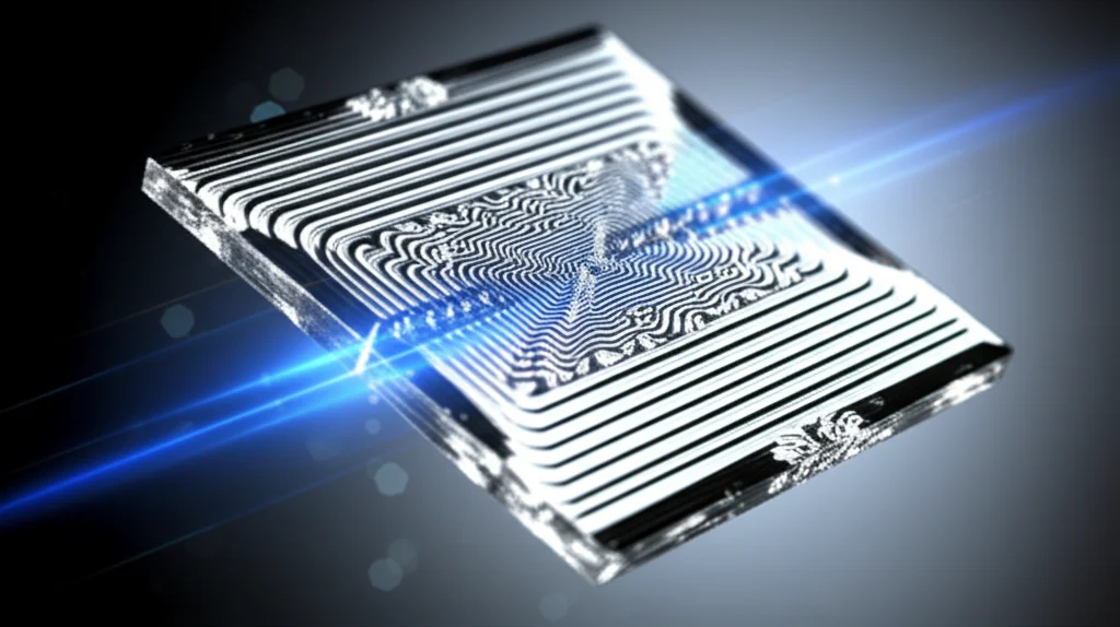 Primo piano macro fotorealistico di un cristallo di ScAlN (Nitruro di Scandio Alluminio) che mostra una superficie brillante e strutturata, con sottili linee luminose che emanano da esso a simboleggiare l'effetto piezoelettrico potenziato. Macro lens, 90mm, high detail, precise focusing, controlled lighting, effetto bokeh sullo sfondo.