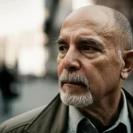 Ritratto intenso di un veterano statunitense, sguardo rivolto lontano, sfondo urbano sfocato che allude sia alla stabilità che all'instabilità abitativa, obiettivo 50mm, profondità di campo, toni caldi e leggermente desaturati.