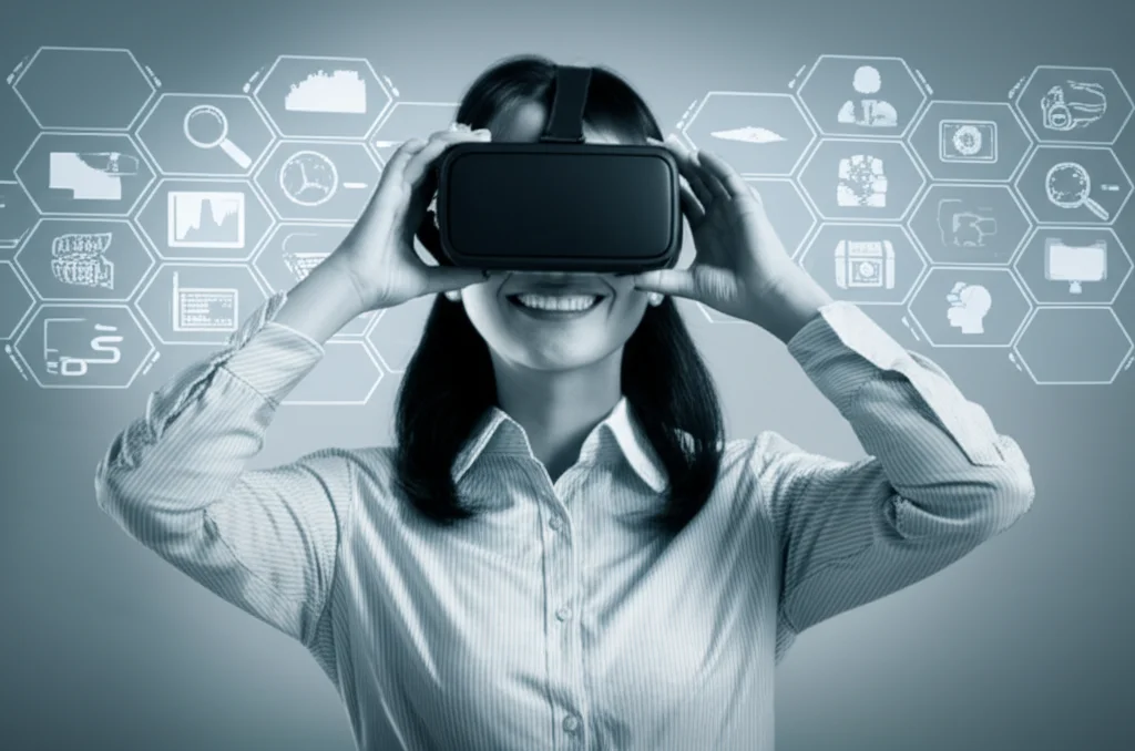 Studentessa sorridente indossa un visore VR di ultima generazione, immersa in un ambiente di apprendimento linguistico virtuale che simula una città straniera. L'interfaccia utente mostra icone di traduzione e interazione. Lente prime, 35mm, profondità di campo, duotone blu e grigio per un look tecnologico e moderno.