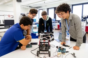Studenti adolescenti entusiasti che assemblano un braccio robotico collaborativo 'Neupulator' in un'aula STEM luminosa e moderna, con componenti elettronici e laptop visibili. Fotografia di ritratto di gruppo, obiettivo da 35mm, con profondità di campo che sfoca leggermente lo sfondo per concentrarsi sugli studenti e sul robot.